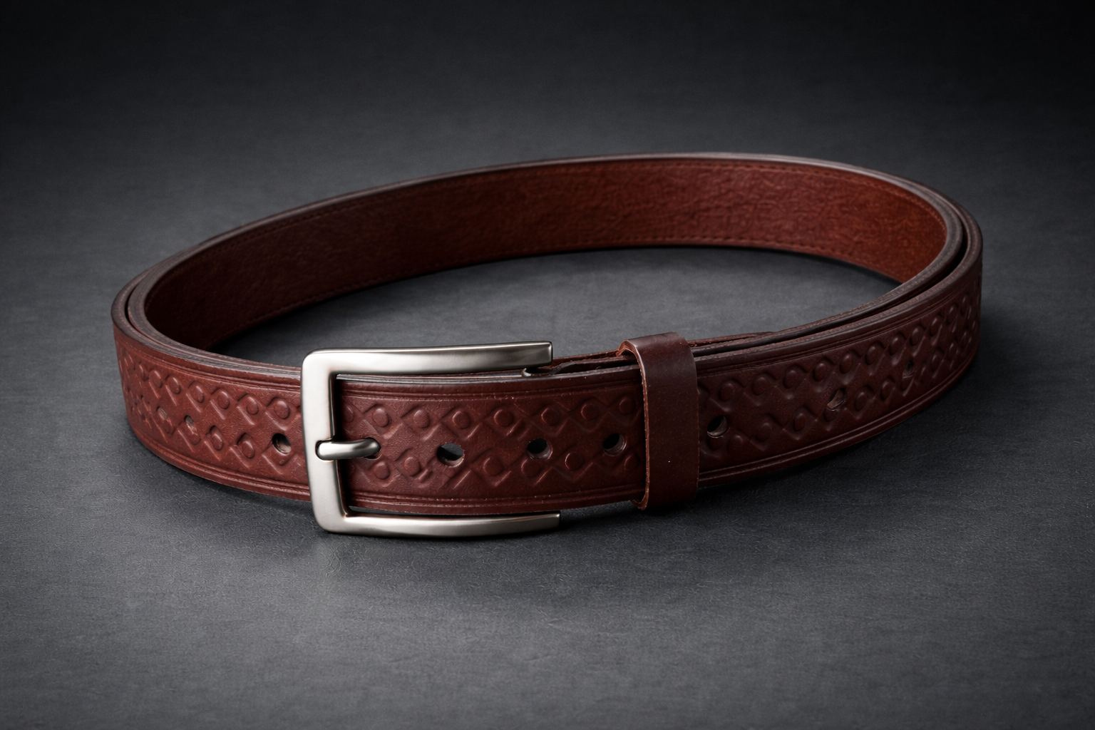 Premium Brown Leather Belt with Textured Diamond Pattern