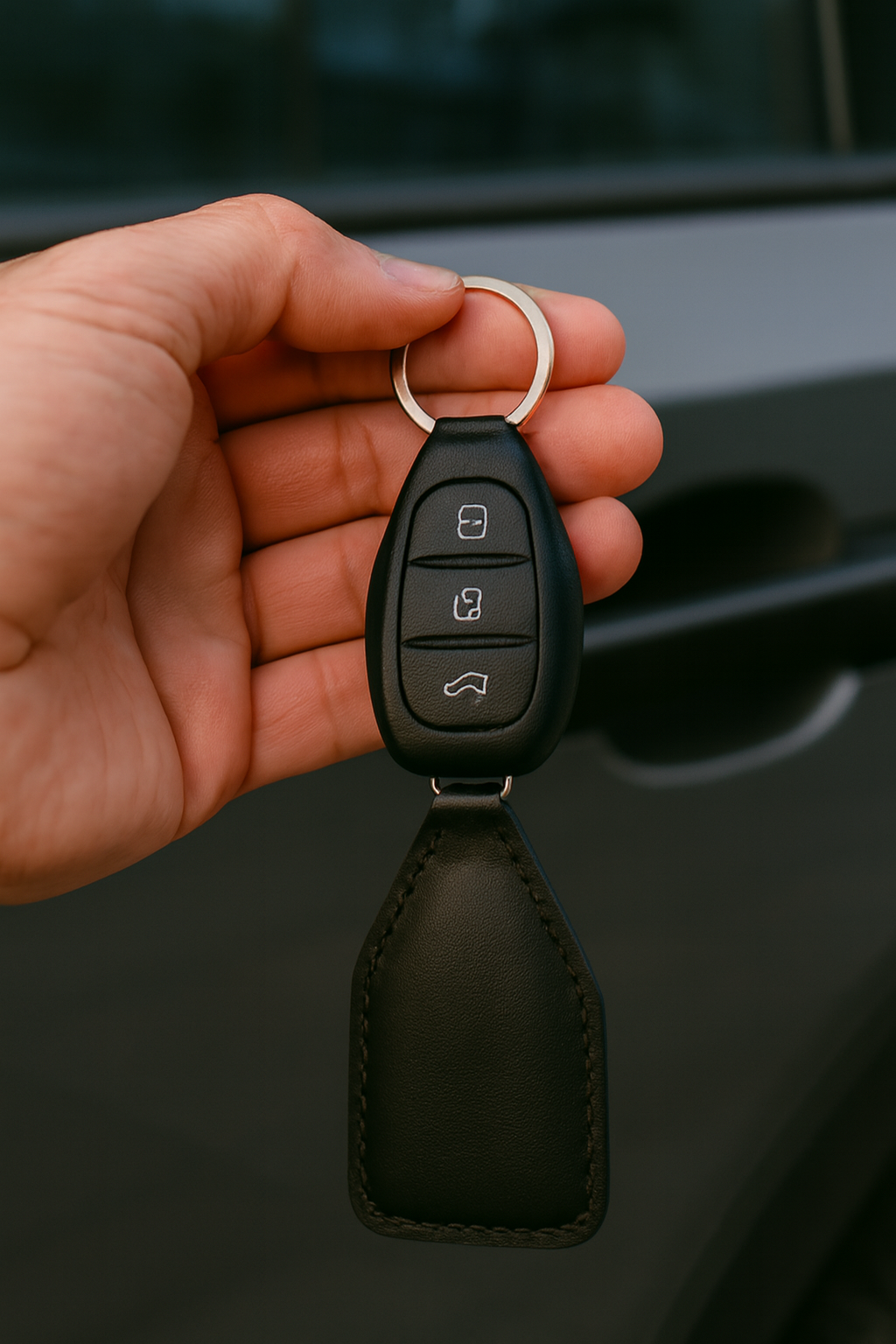 Black Leather Keychain – Handstitched with Metal Ring - Gallery 1