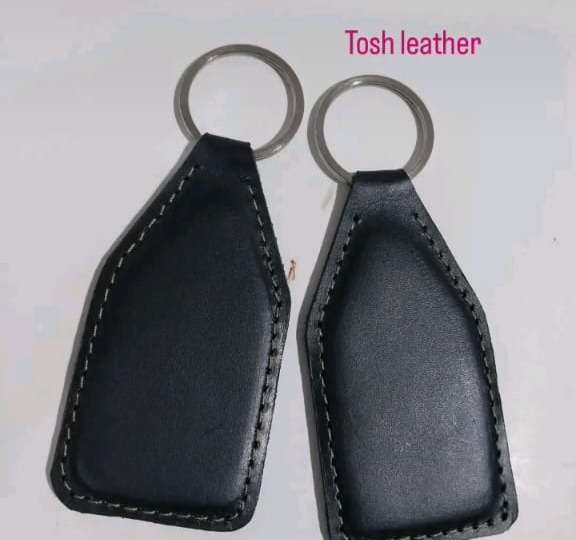 Black Leather Keychain – Handstitched with Metal Ring - Color Black